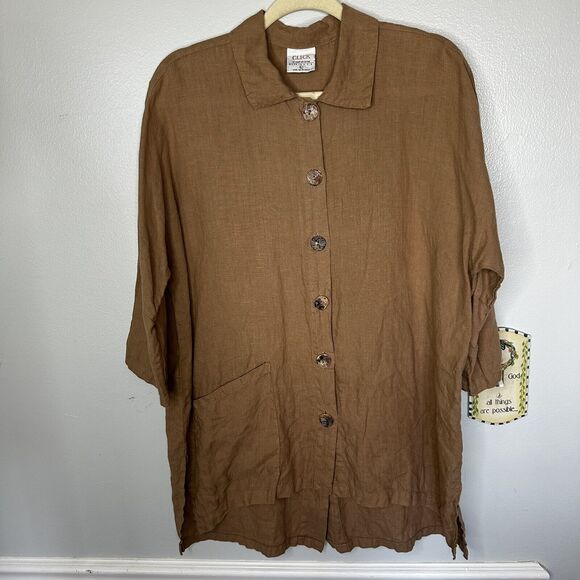 Click USA 100% Linen Loose Boxy 3/4 Sleeve Button down Top Shirt Large 48B 32L - Picture 1 of 11
